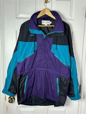 Vintage 90s Columbia Colorblock Pullover Windbreaker Jacket Mens L Purple Teal